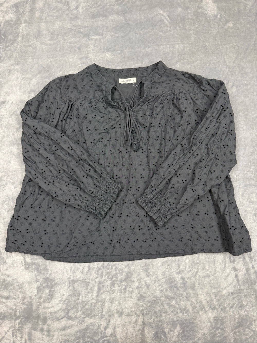 NATURAL LIFE Charcoal Eyelet Tie-Front Peasant Blouse
